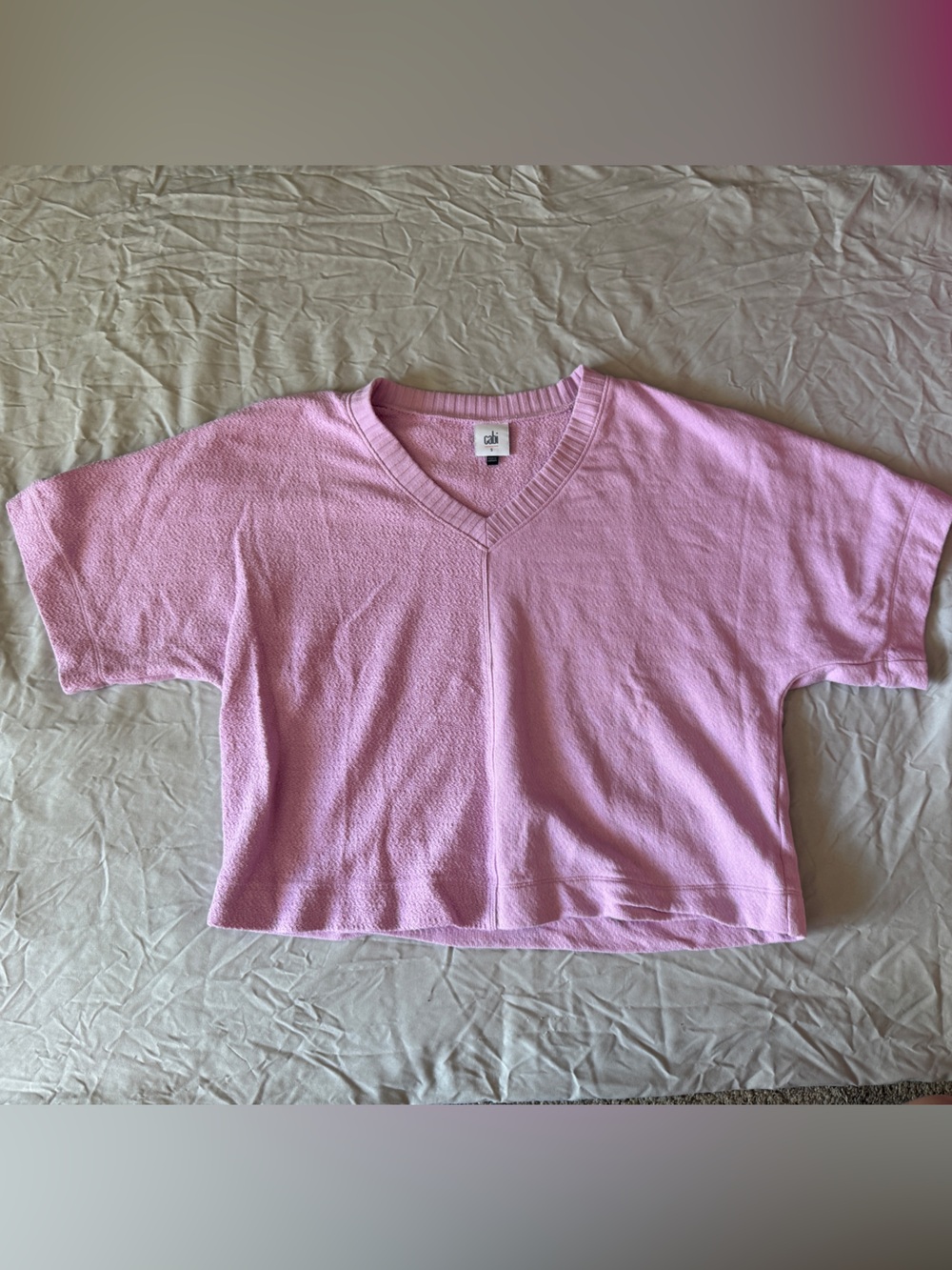 CAbi Light Pink Short Sleeve V-Neck Knit Top